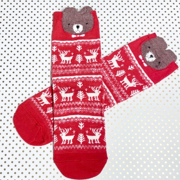 Kawaii Winter / Holiday Teddy Bear Socks - 1 Pair - Cute Red Christmas Socks - Picture 3 of 3